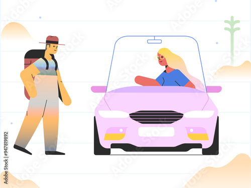 Woman driving a car picking up a hitchhiker