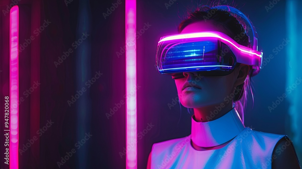 A stunning woman with purple hair dressed in a futuristic outfit against a white background. She is wearing virtual reality glasses, embodying the concepts of augmented reality, gaming, future techno A stunning woman with purple hair dressed in a futuristic outfit against a white background. She is wearing virtual reality glasses, embodying the concepts of augmented reality, gaming, future techno