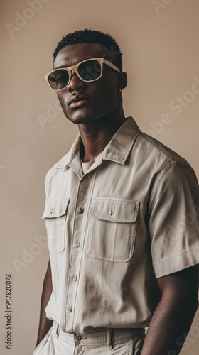 A young African American man confidently poses in a casual summer outfit, showcasing his sunglasses against a simple backdrop