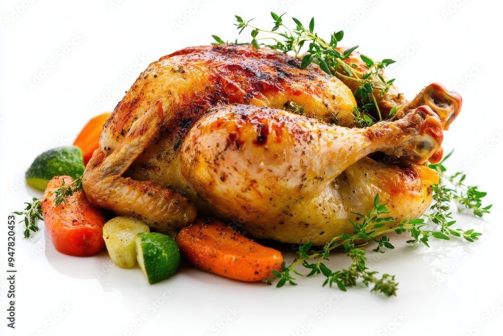 Roasted chicken (Hendl) with vegetables on a white plate Roasted chicken (Hendl) with vegetables on a white plate