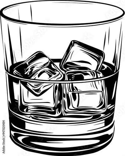 Glass of whiskey with ice cubes illustration