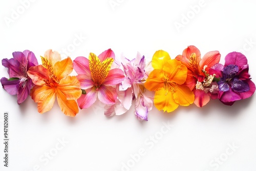 Vibrant garland of colorful flowers on white background