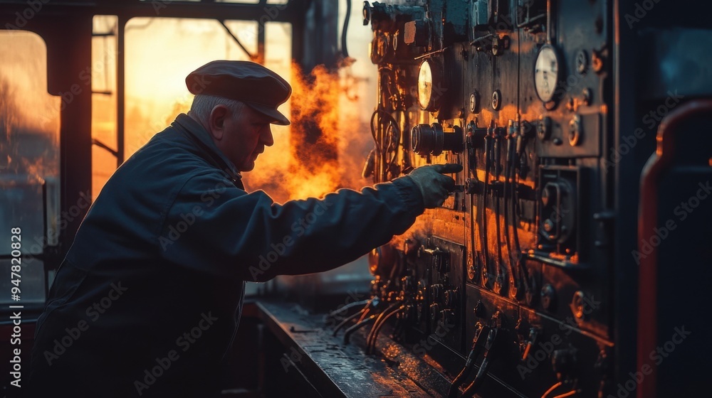 A skilled engineer adjusts controls in a steam locomotive, surrounded by warm light and steam, showcasing vintage craftsmanship. A skilled engineer adjusts controls in a steam locomotive, surrounded by warm light and steam, showcasing vintage craftsmanship.