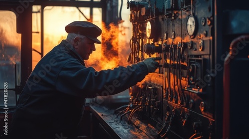 A skilled engineer adjusts controls in a steam locomotive, surrounded by warm light and steam, showcasing vintage craftsmanship.