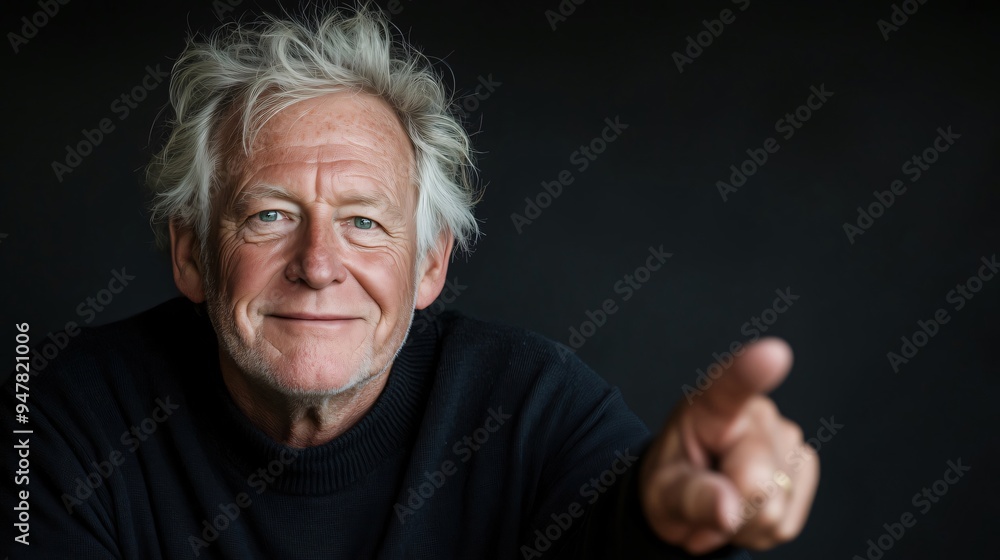 Poster for advertising, Smiling senior man with grey hair and blue eyes pointing with his finger on a black background, looking at camera Poster for advertising, Smiling senior man with grey hair and blue eyes pointing with his finger on a black background, looking at camera