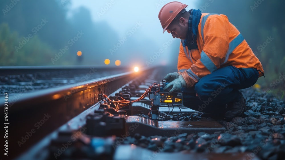 A worker in safety gear performs maintenance on railway tracks during a foggy morning, ensuring safe transportation. A worker in safety gear performs maintenance on railway tracks during a foggy morning, ensuring safe transportation.