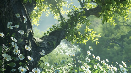 Chamomile on a green leafed tree photo