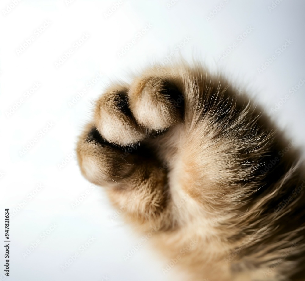White background with a large fluffy cat's paw,close up of a kitten White background with a large fluffy cat's paw,close up of a kitten