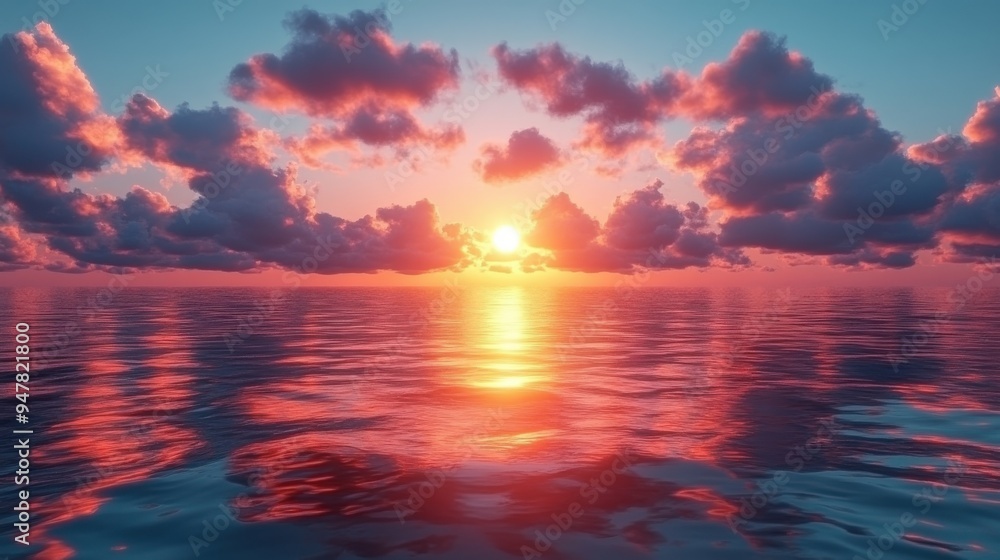 Obraz premium 3d render abstract landscape backgroun3d seascape sunset golden sunlight an3d clouds above the calm water