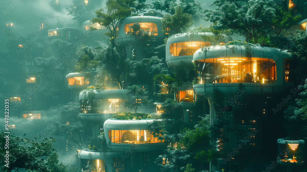 Naklejka premium Futuristic city concept. Modern architecture towers and skyscrapers. Green smart cityscape illustration. High-tech urban architecture. Eco garden with lawn and trees. 