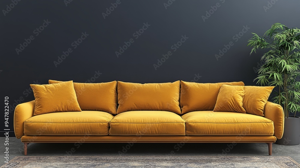 Modern Mustard Yellow Velvet Sofa with Pillows in Living Room Interior with Dark Wall, 3D Rendering