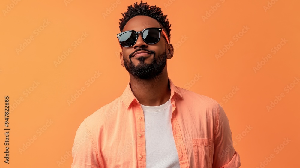 Obraz premium An African American man stands casually in a summer outfit, exuding confidence with sunglasses on against a vibrant orange backdrop