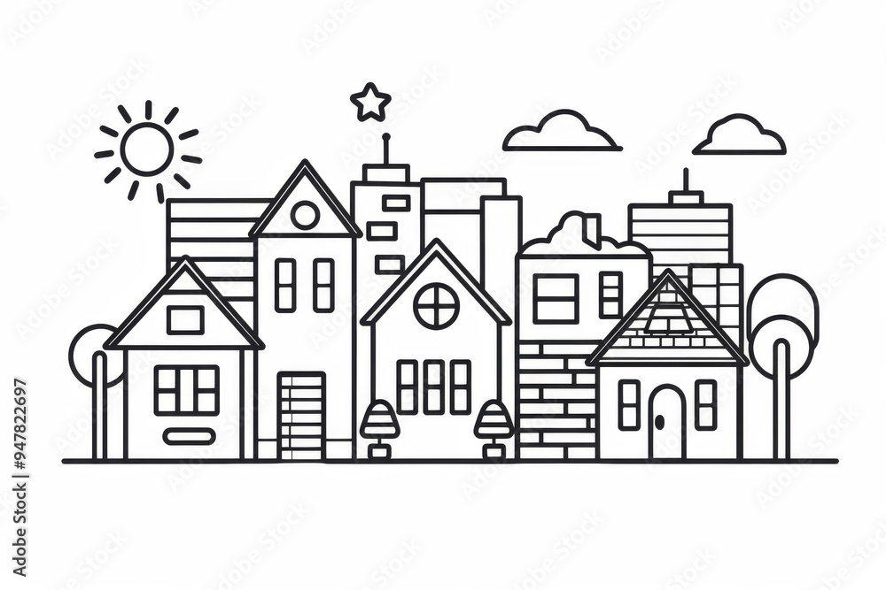 Drawing of a House. Simply Town Illustraiton. Generative AI. Drawing of a House. Simply Town Illustraiton. Generative AI.