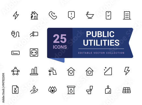 Set of public utilities outline icons. Related to energy, gas, water. Linear icon collection. Pixel perfect, minimalistic web and UI icon. Outline icon collections.