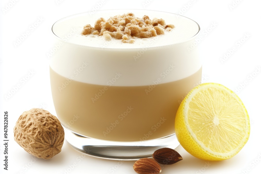 Creamy Dessert in a Glass with Crushed Nuts, Lemon Slice. Isolated on White Background. Creamy Dessert in a Glass with Crushed Nuts, Lemon Slice. Isolated on White Background.