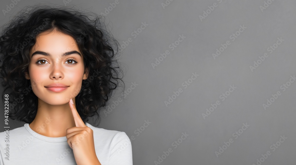 Poster for advertising, Young latin woman with curly hair and perfect skin is touching her face on a gray background with copy space; looking at camera Poster for advertising, Young latin woman with curly hair and perfect skin is touching her face on a gray background with copy space; looking at camera