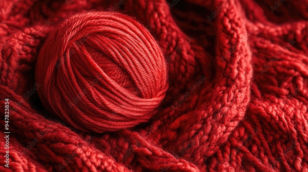Red Yarn Knitting Project, Cozy Handmade Craft in Progress Red Yarn Knitting Project, Cozy Handmade Craft in Progress