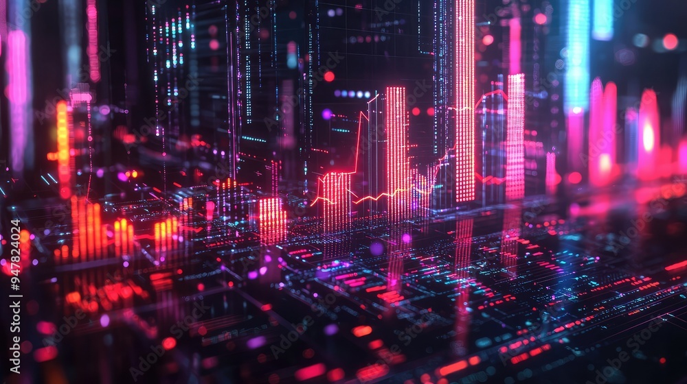 Abstract digital landscape with vibrant colors and data visualizations, representing technology and innovation in a futuristic setting. Abstract digital landscape with vibrant colors and data visualizations, representing technology and innovation in a futuristic setting.