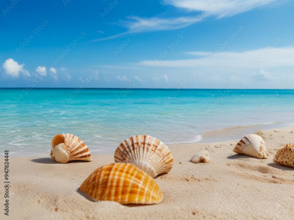 Tropical Beach with Seashells on Golden Sand Under a Blue Sky. Tropical Beach with Seashells on Golden Sand Under a Blue Sky.