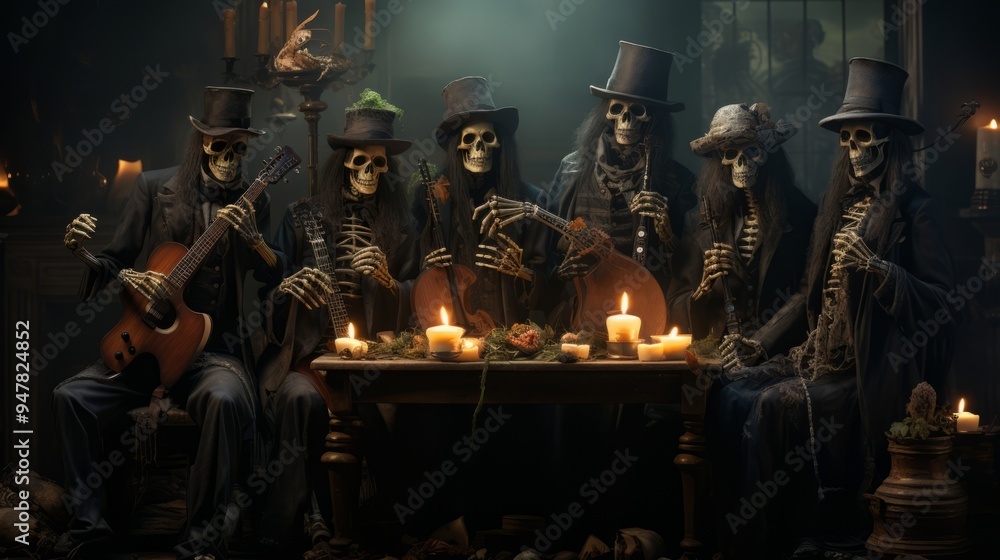 © Dmitry - A group of skeletons sitting around a table, illuminated by candles, in a mysterious and eerie setting © Dmitry - A group of skeletons sitting around a table, illuminated by candles, in a mysterious and eerie setting
