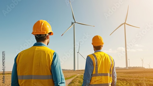 Two workers in safety gear observe wind turbines in a vast field, symbolizing clean energy and sustainable technology initiatives. photo