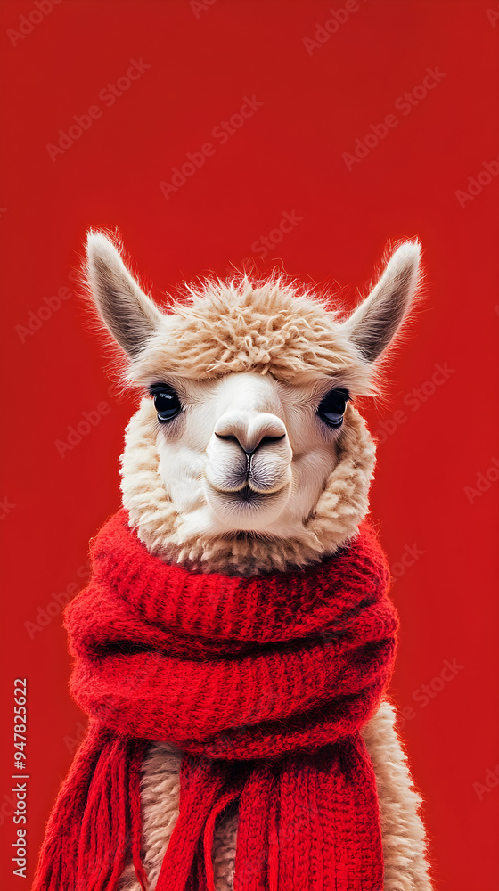 A cozy alpaca wrapped in a warm red scarf poses against a vibrant background, exuding charm and warmth A cozy alpaca wrapped in a warm red scarf poses against a vibrant background, exuding charm and warmth
