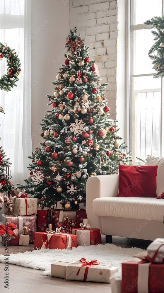 A cozy christmas living room features a beautifully decorated tree, colorful gifts, and warm decorations creating a festive atmosphere A cozy christmas living room features a beautifully decorated tree, colorful gifts, and warm decorations creating a festive atmosphere