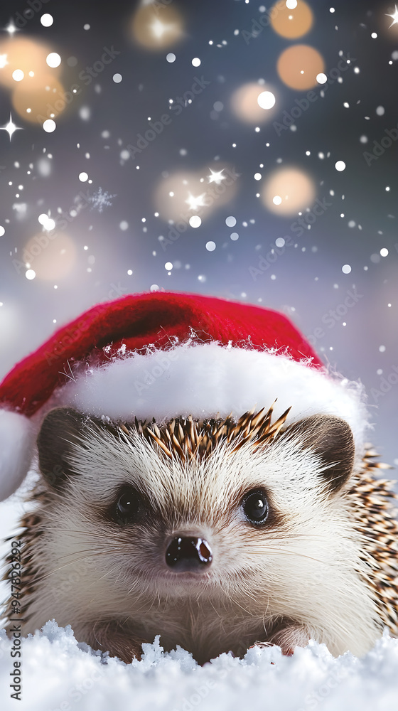 A hedgehog wearing a small winter hat looks curiously at the camera as snowflakes gently fall in a festive winter scene A hedgehog wearing a small winter hat looks curiously at the camera as snowflakes gently fall in a festive winter scene