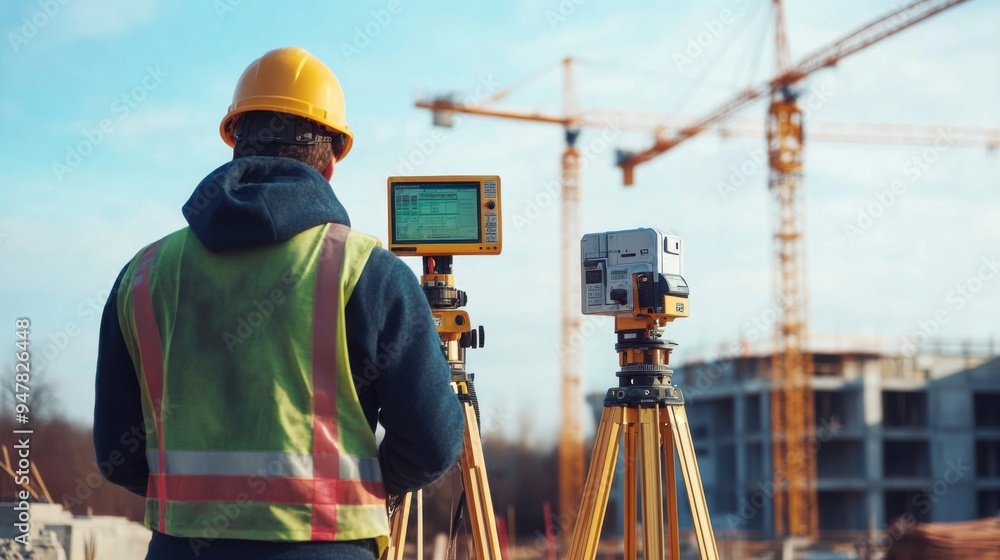 Surveyor working on a construction site, measuring land with advanced equipment, surrounded by cranes and building structure. Surveyor working on a construction site, measuring land with advanced equipment, surrounded by cranes and building structure.