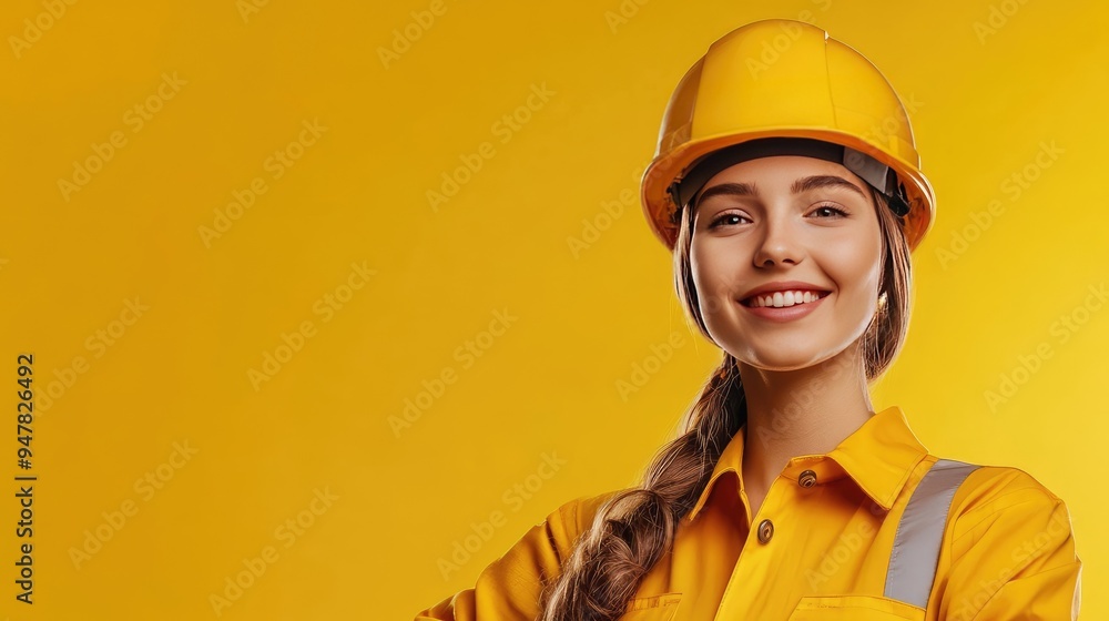Construction Woman in Safety Gear Smiling with Copy Space on Colorful Background Construction Woman in Safety Gear Smiling with Copy Space on Colorful Background