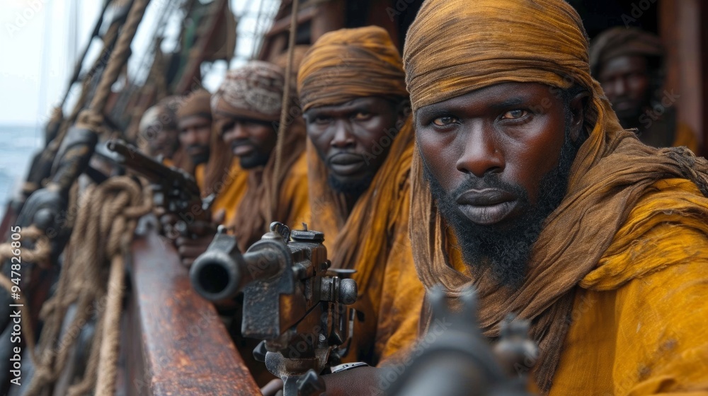 Pirates with guns are preparing to storm a merchant ship. A historical scene of piracy and robbery with the help of firearms. Close-up Pirates with guns are preparing to storm a merchant ship. A historical scene of piracy and robbery with the help of firearms. Close-up