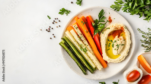 A neatly arranged plate of veggie sticks features colorful carrot, cucumber, and bell pepper strips alongside creamy hummus and fresh herbs