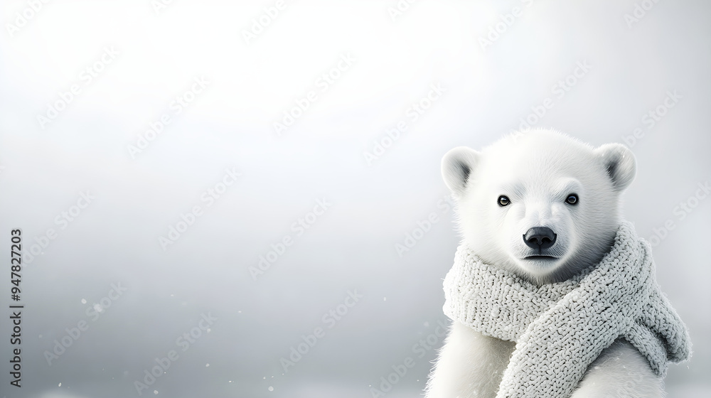 A polar bear cub wearing a cozy scarf sits against a soft, snowy background, exuding innocence and charm A polar bear cub wearing a cozy scarf sits against a soft, snowy background, exuding innocence and charm