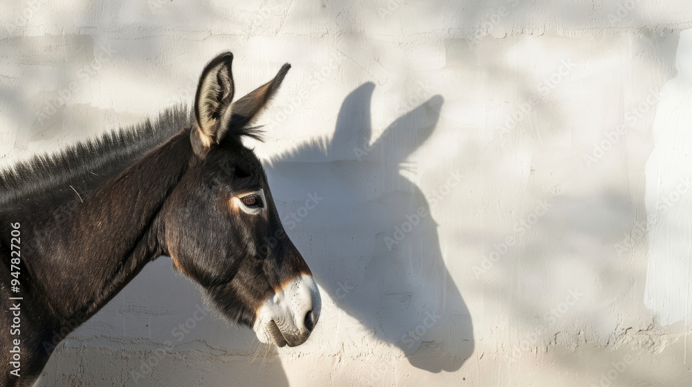 The donkey is positioned near a soft-lit wall, its side profile highlighting distinct features while casting a prominent shadow that echoes its form, all under gentle morning illumination The donkey is positioned near a soft-lit wall, its side profile highlighting distinct features while casting a prominent shadow that echoes its form, all under gentle morning illumination
