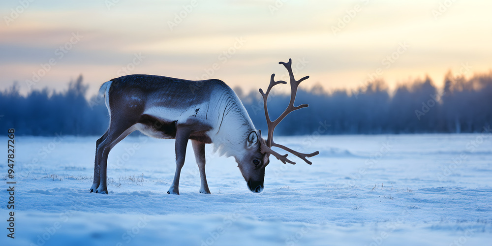 A reindeer grazes in a snowy field at dusk, surrounded by a serene winter landscape with soft sunset hues in the background A reindeer grazes in a snowy field at dusk, surrounded by a serene winter landscape with soft sunset hues in the background