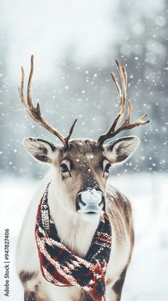 A reindeer wears a festive Christmas-themed scarf while surrounded by falling snow in a winter wonderland setting A reindeer wears a festive Christmas-themed scarf while surrounded by falling snow in a winter wonderland setting