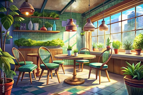 Wallpaper Mural Cozy Modern Cafe Interior Lush Greenery Natural Light Decorated Furnishings Torontodigital.ca