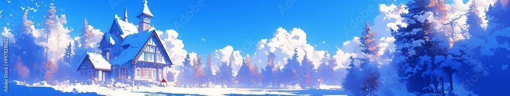 custom made wallpaper toronto digitalEnchanting Anime-Style Winter Wonderland: Fairy Tale Castle in Snowy Forest with Sunlit Mountains. Dreamy Cartoon Landscape for Holiday Marketing, Featuring Magical Woodland, Cozy Cabin, and Serene At