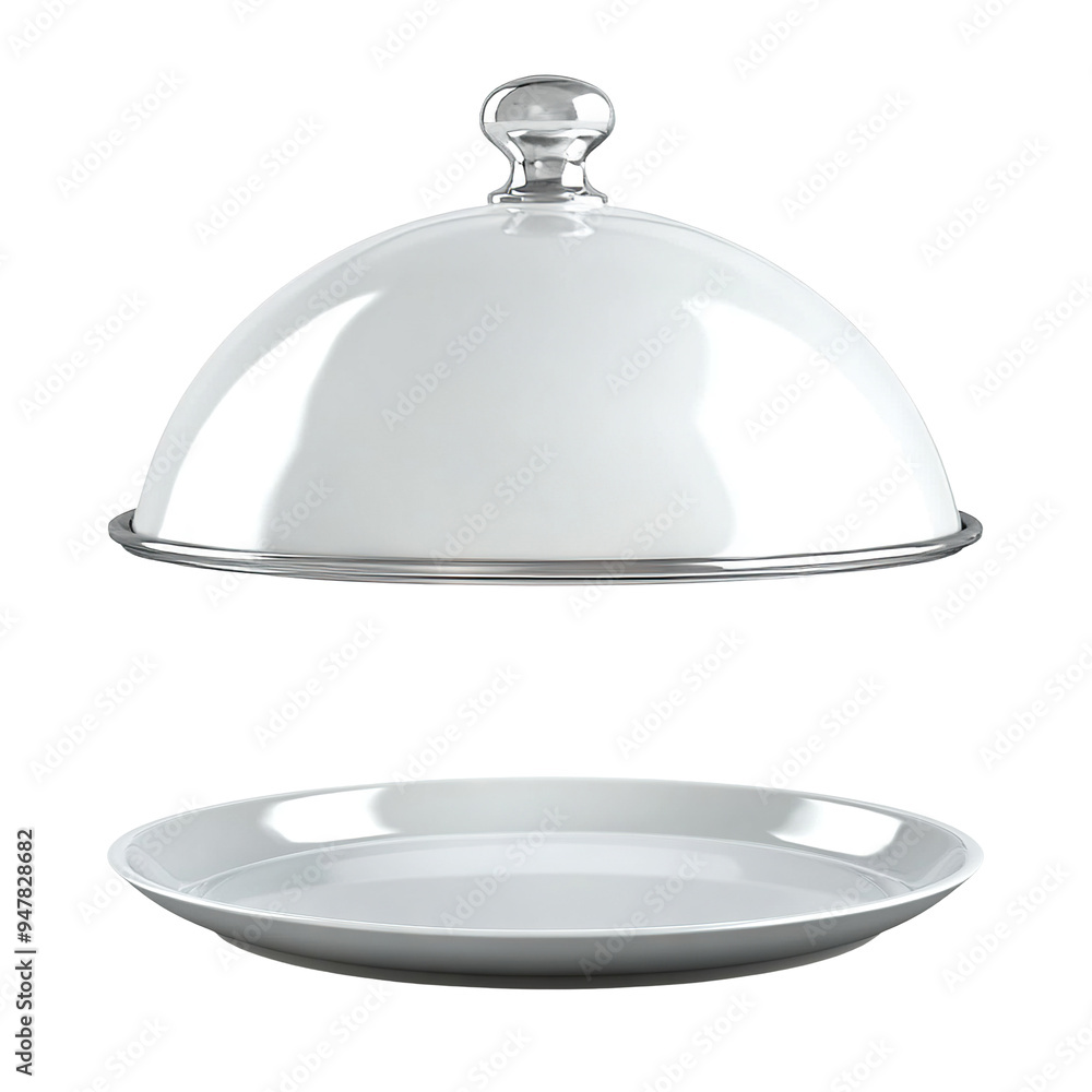 White serving cloche raised above empty white plate in a dining setting, cut out White serving cloche raised above empty white plate in a dining setting, cut out