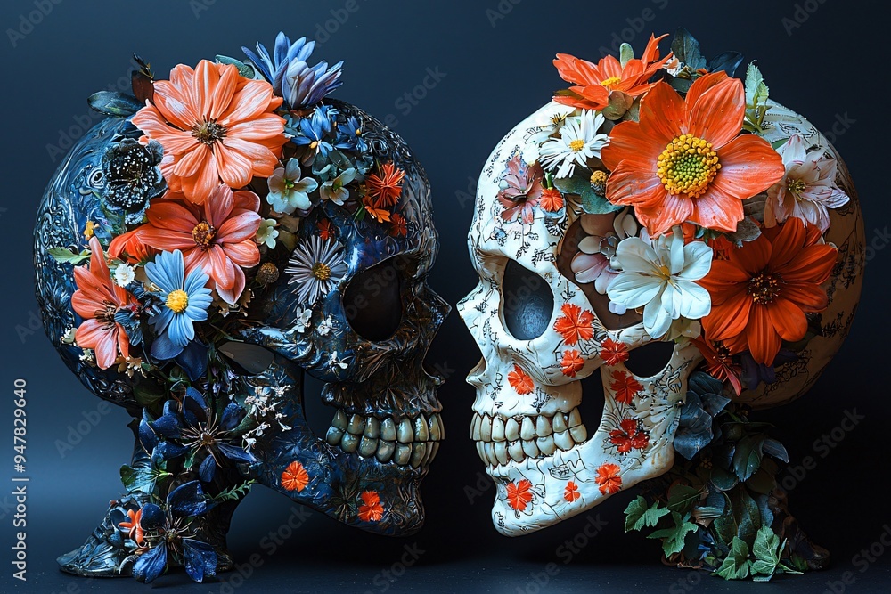 Naklejka premium Black and white skulls facing each other with vibrant flowers, perfect for spooky Halloween events