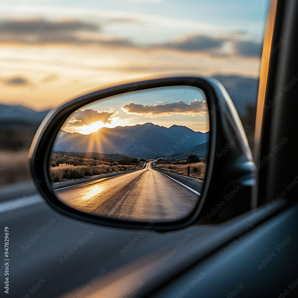 a car mirror reflects a beautiful landscape, a car driver cruises down the open road a car mirror reflects a beautiful landscape, a car driver cruises down the open road