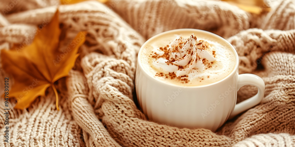 A cozy fall scene featuring a warm sweater, a cup of pumpkin spice latte topped with whipped cream, and autumn leaves for a inviting atmosphere A cozy fall scene featuring a warm sweater, a cup of pumpkin spice latte topped with whipped cream, and autumn leaves for a inviting atmosphere