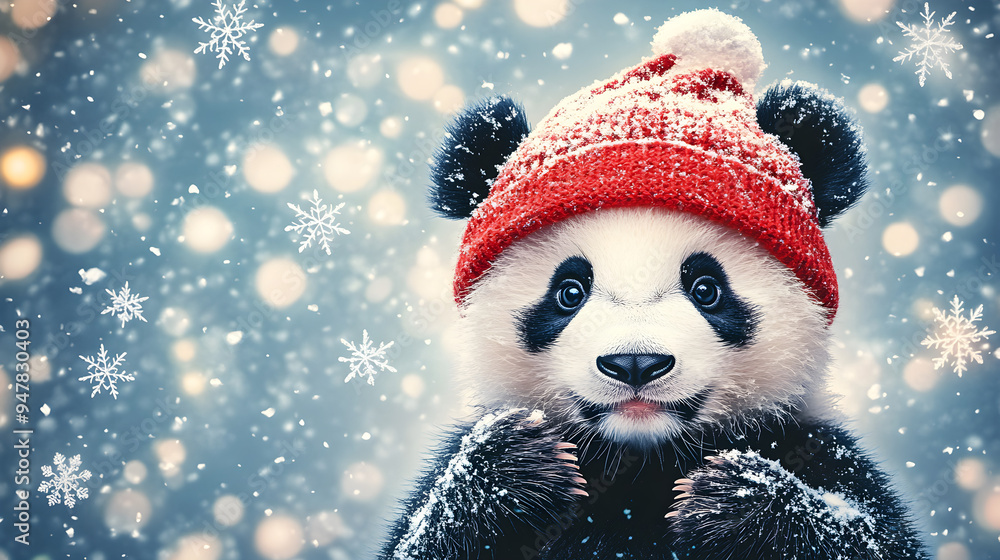A cute panda wears a red winter hat, surrounded by falling snowflakes and soft bokeh lights, evoking a joyful winter atmosphere A cute panda wears a red winter hat, surrounded by falling snowflakes and soft bokeh lights, evoking a joyful winter atmosphere