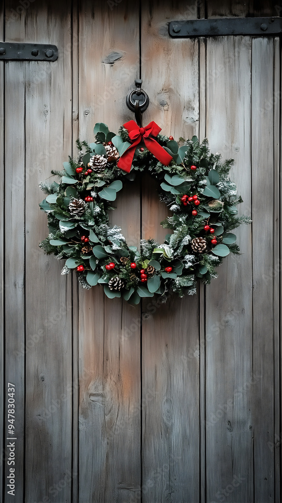 A festive christmas wreath adorned with pinecones and berries hangs on a rustic wooden door beautifully enhancing the holiday spirit A festive christmas wreath adorned with pinecones and berries hangs on a rustic wooden door beautifully enhancing the holiday spirit