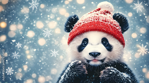 A cute panda wears a red winter hat, surrounded by falling snowflakes and soft bokeh lights, evoking a joyful winter atmosphere