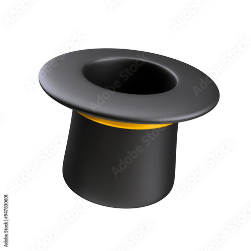Realistic 3D black magician's cylinder with gold stripes. Magic hat for magicians and artists. Clothes for magic show concept. Tree dimensional rendering of wizard. Wizard cylinder on white background