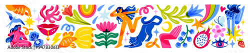 Modern composition with funny girls, funky flowers, cute animals, colourful rainbow, Abstract plants, creative shapes. Contemporary art in doodle style. Flat isolated vector illustrations on white.