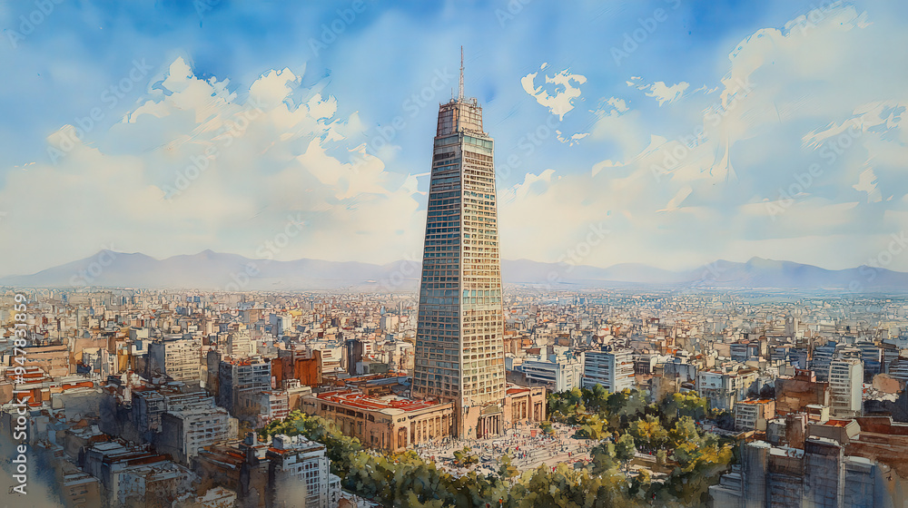 Obraz premium Torre Latinoamericana, Mexico City, sharp watercolor image, no shadow, clean finish. 