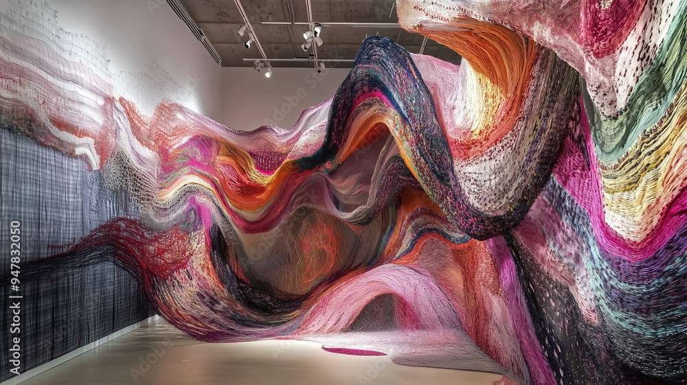 A textile art installation combining traditional embroidery with A textile art installation combining traditional embroidery with