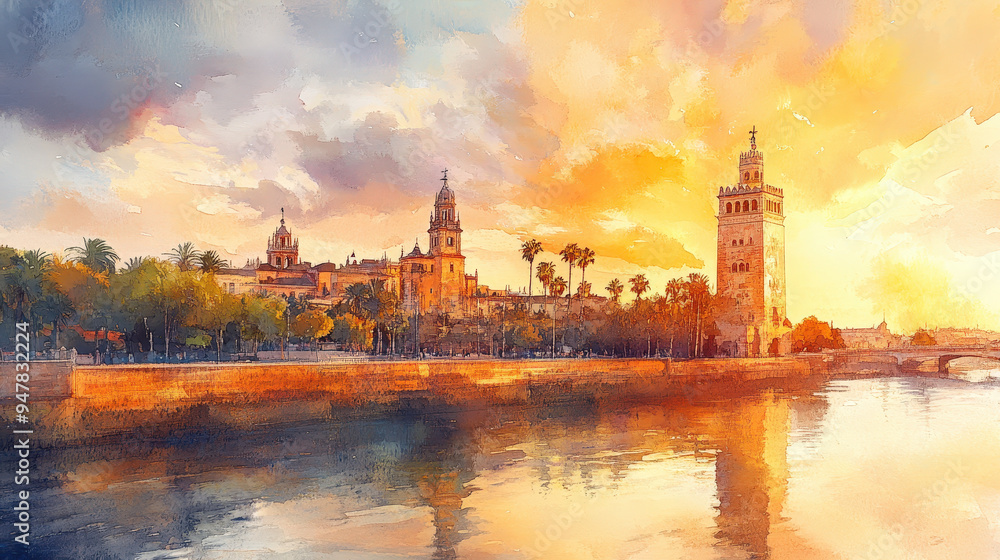 Fototapeta premium Torre del Oro, Seville, subtle watercolor illustration, no shadow, defined edges.